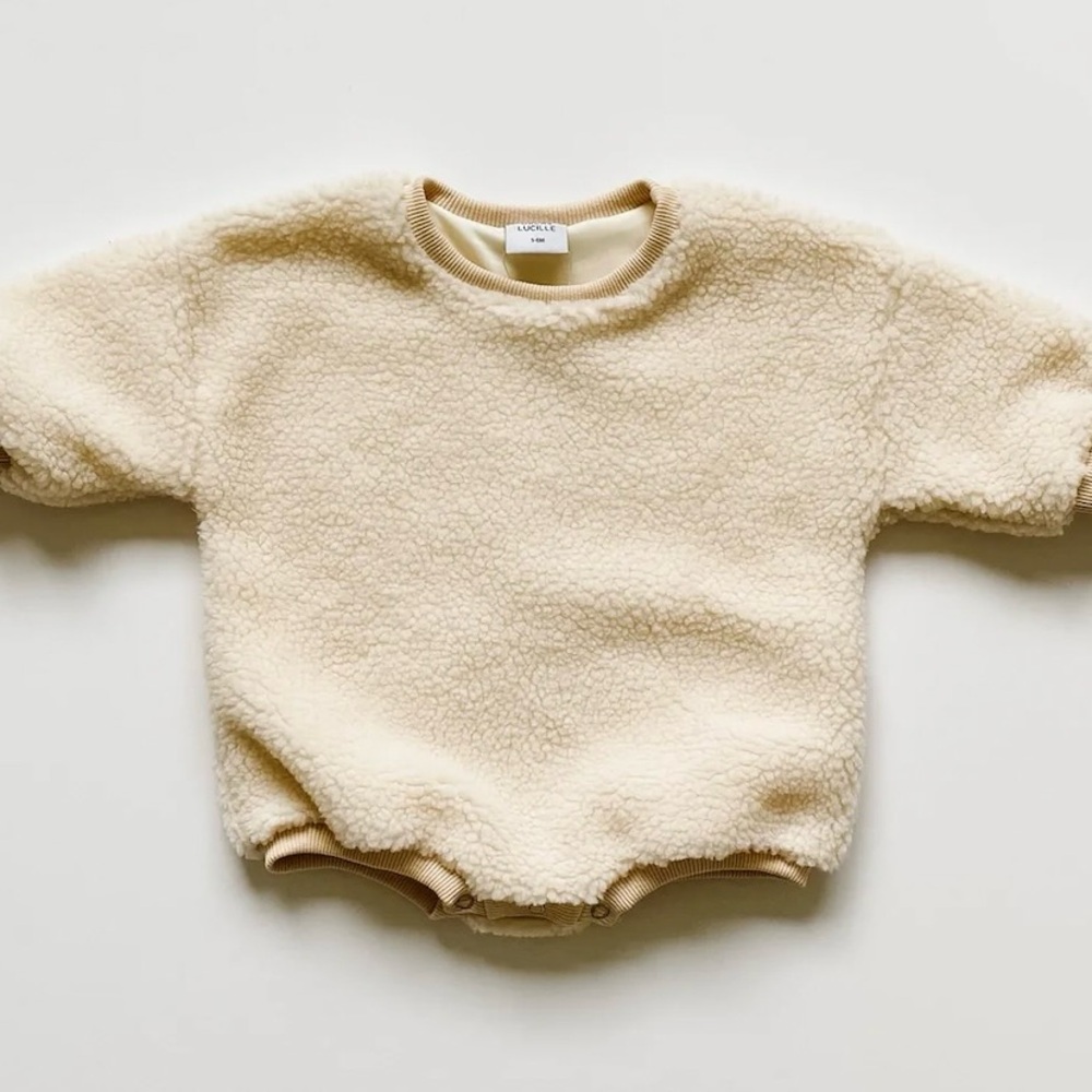Cream neutral snuggly sherpa sweatshirt baby onesie romper